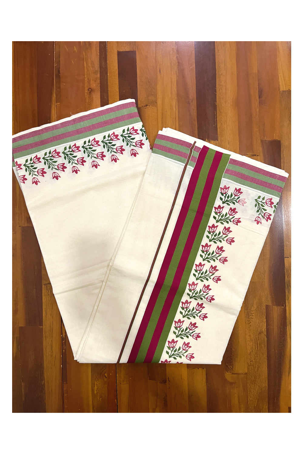 Pure Cotton Kerala Saree with Floral Block Prints and Maroon Green Border