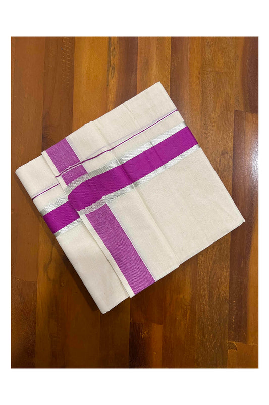 Off White Kerala Double Mundu with Silver Kasavu and Magenta Border (South Indian Kerala Dhoti)