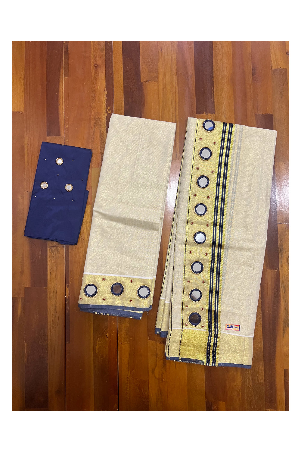 Kerala Tissue Kasavu Set Mundu (Mundum Neriyathum) with Navy Blue Border and Mirror Bead Handwork Design 2.80 Mtrs (Include Blouse Piece)