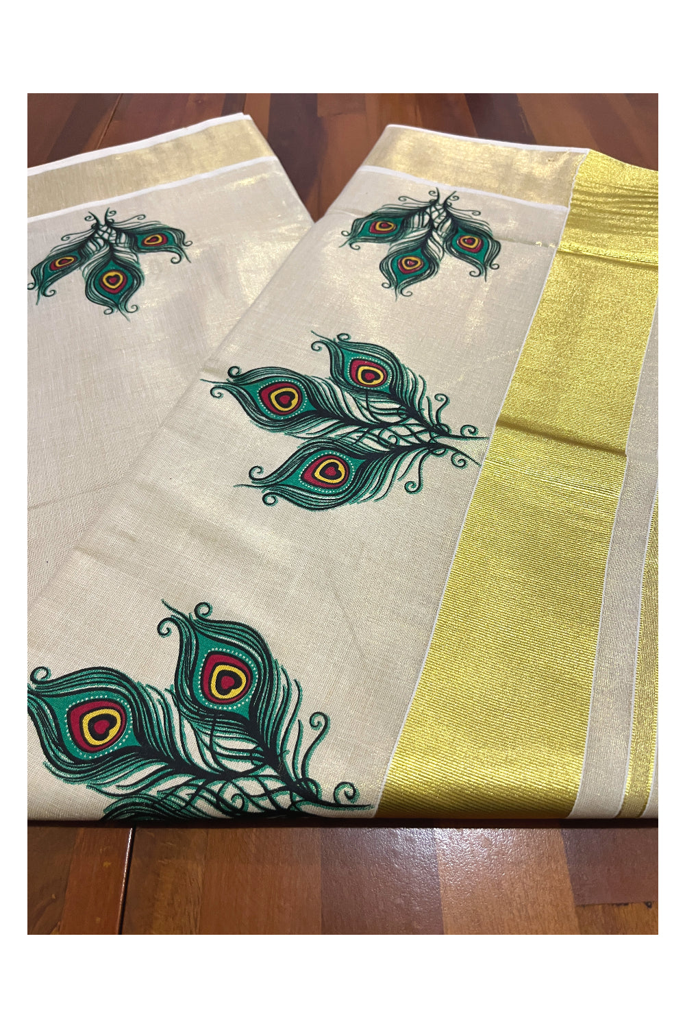 Kerala Tissue Kasavu Saree with Feather Mural Printed Design