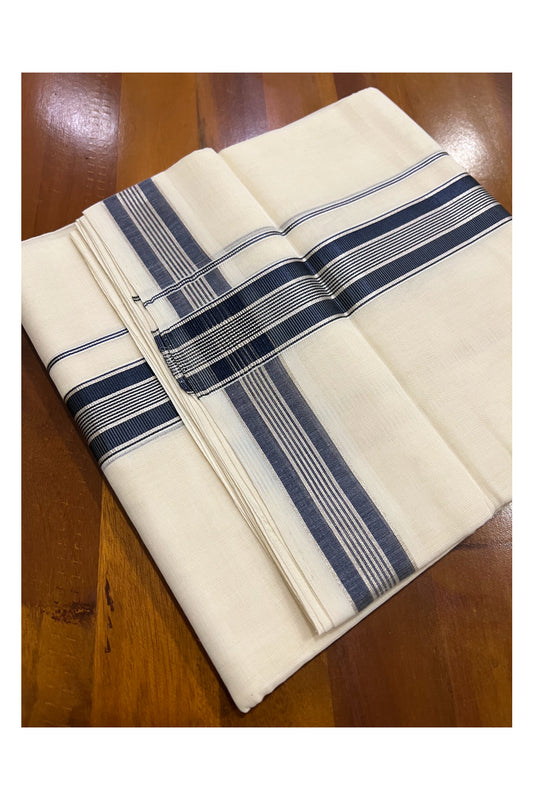 Southloom Premium Handloom Pure Cotton Mundu with Silver and Navy Blue Kasavu Designer Border (South Indian Dhoti)