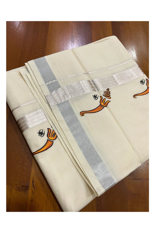 Off White Pure Cotton Double Mundu with Mural Painted Design on Silver Kasavu Kara (South Indian Dhoti)