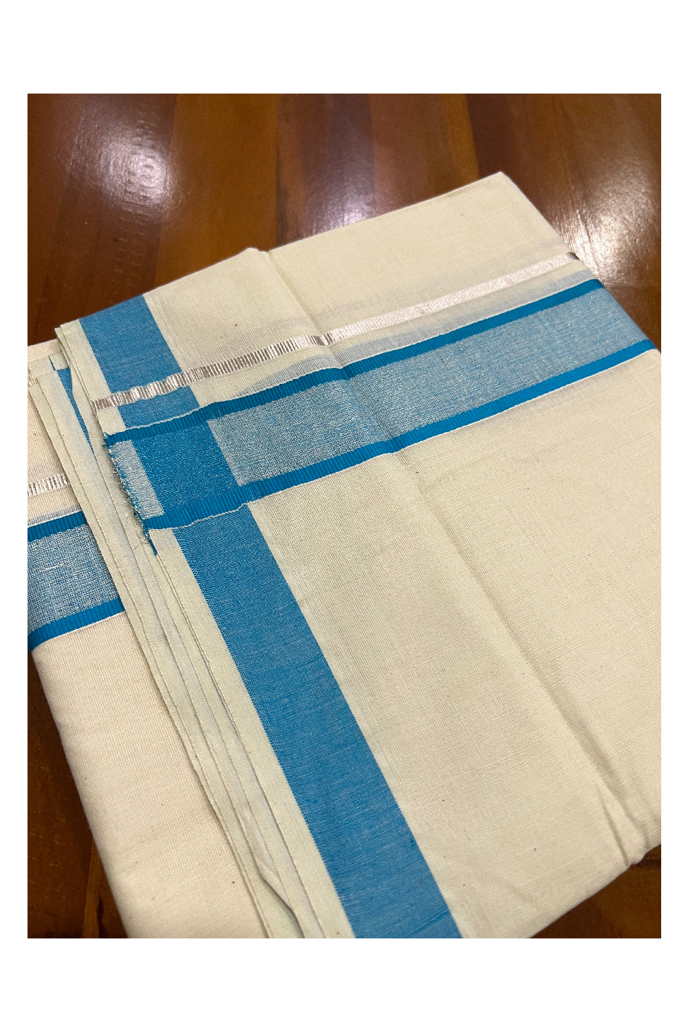 Pure Cotton Off White Double Mundu with Silver Kasavu and Light Blue Border (South Indian Dhoti)