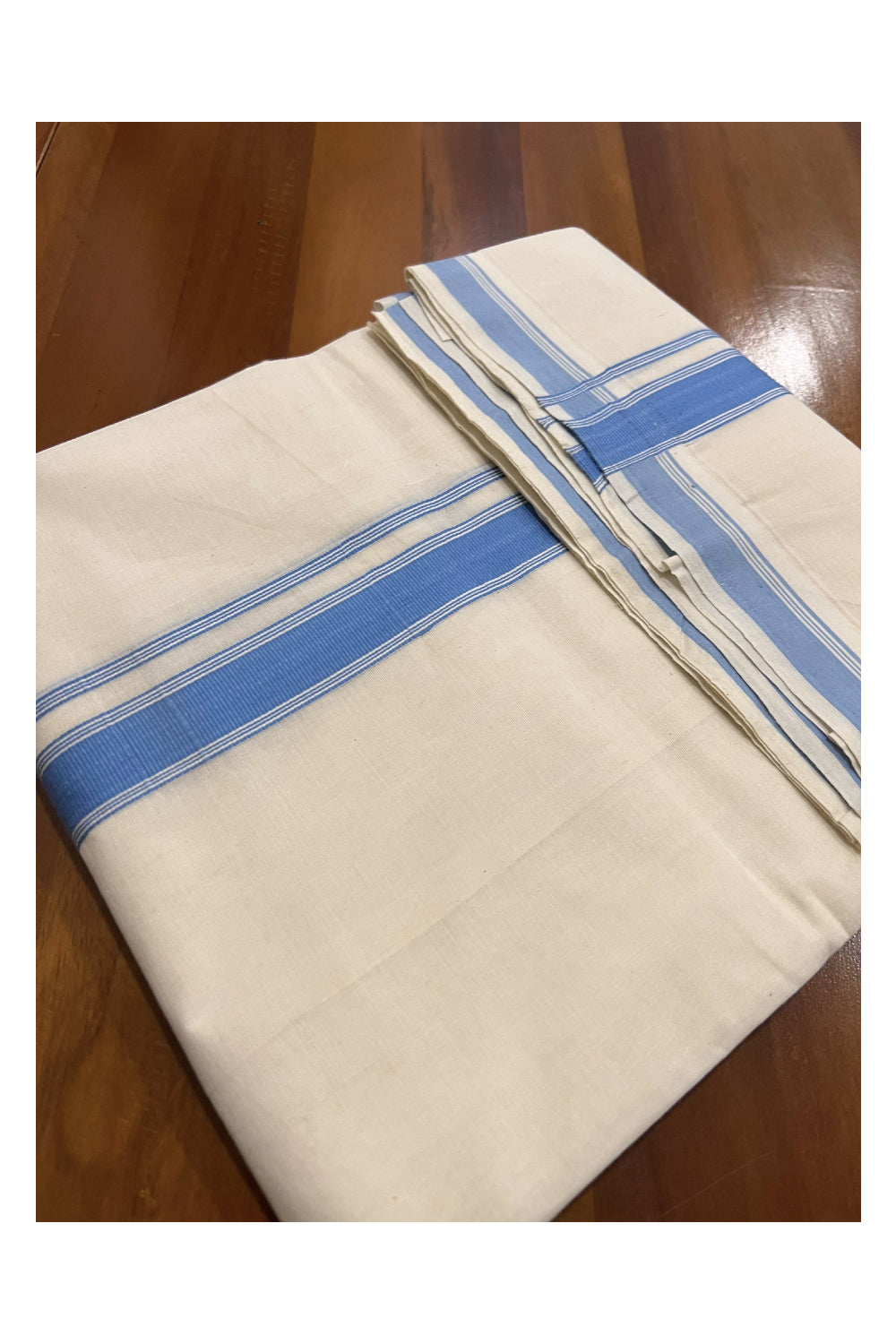 Off White Pure Cotton Double Mundu with Light Blue Kara (South Indian Dhoti)