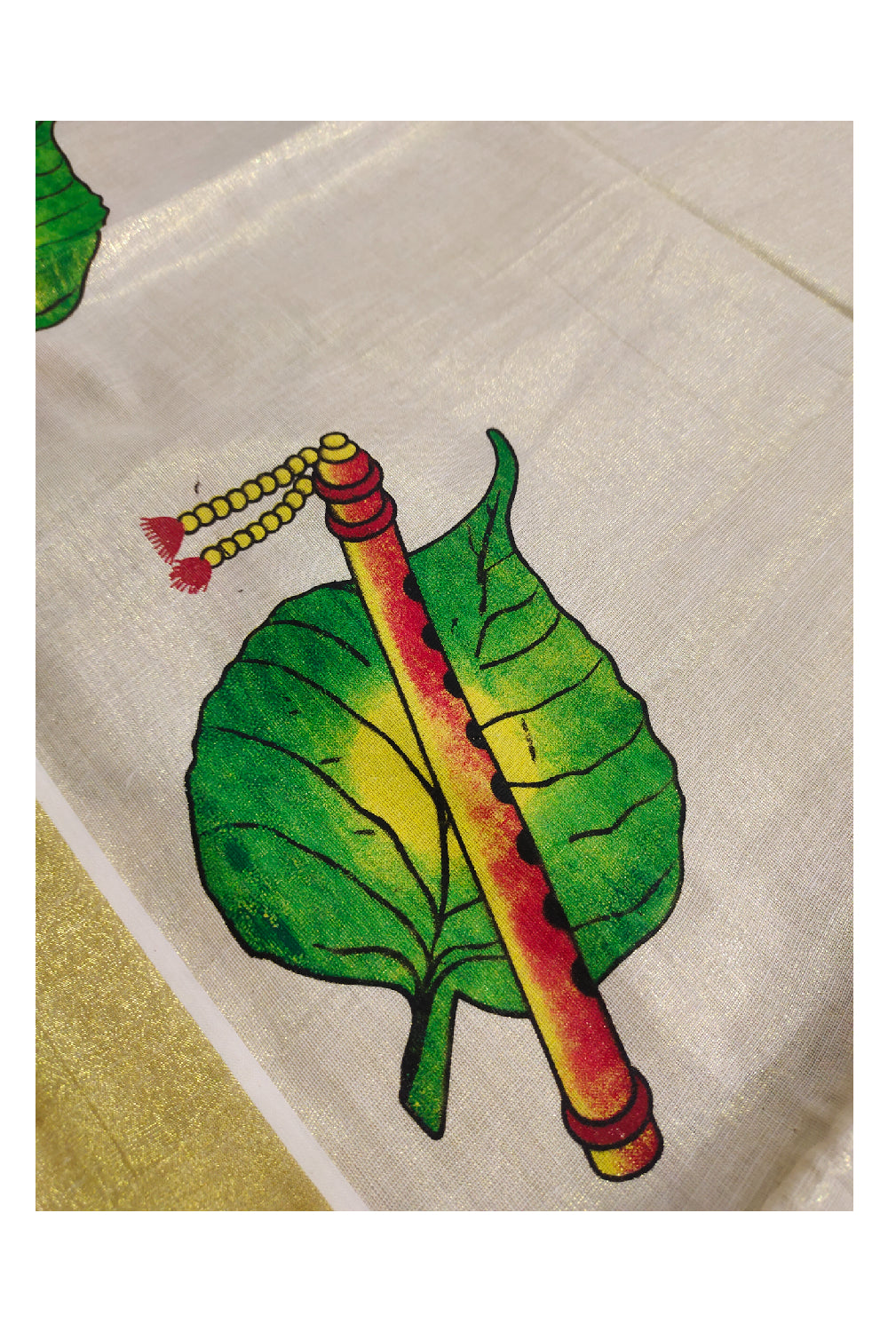 Kerala Tissue Kasavu Onam Saree With Mural Leaf and Flute Design