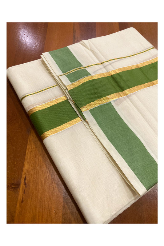 Pure Cotton Double Mundu with Green and Kasavu Border (South Indian Dhoti)