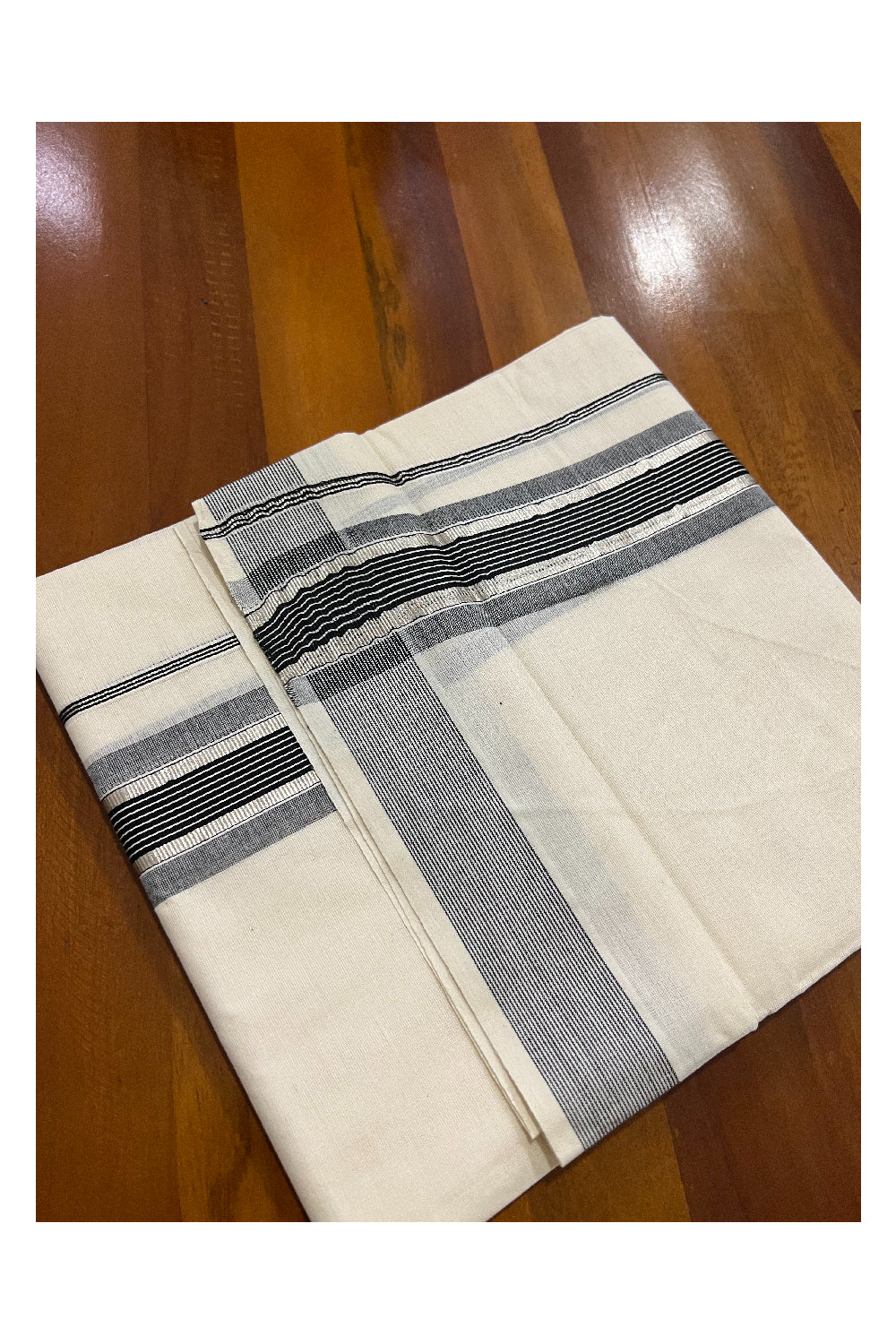 Off White Kerala Double Mundu with Silver Kasavu and Black Line Border (South Indian Dhoti)