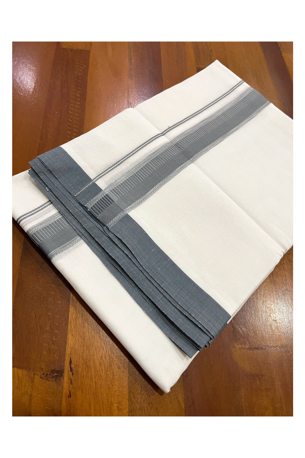 Pure White Cotton Double Mundu with Grey Border (South Indian Dhoti)