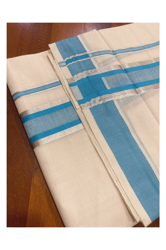 Pure Cotton Double Mundu with Blue and Silver Kasavu Border (South Indian Dhoti)