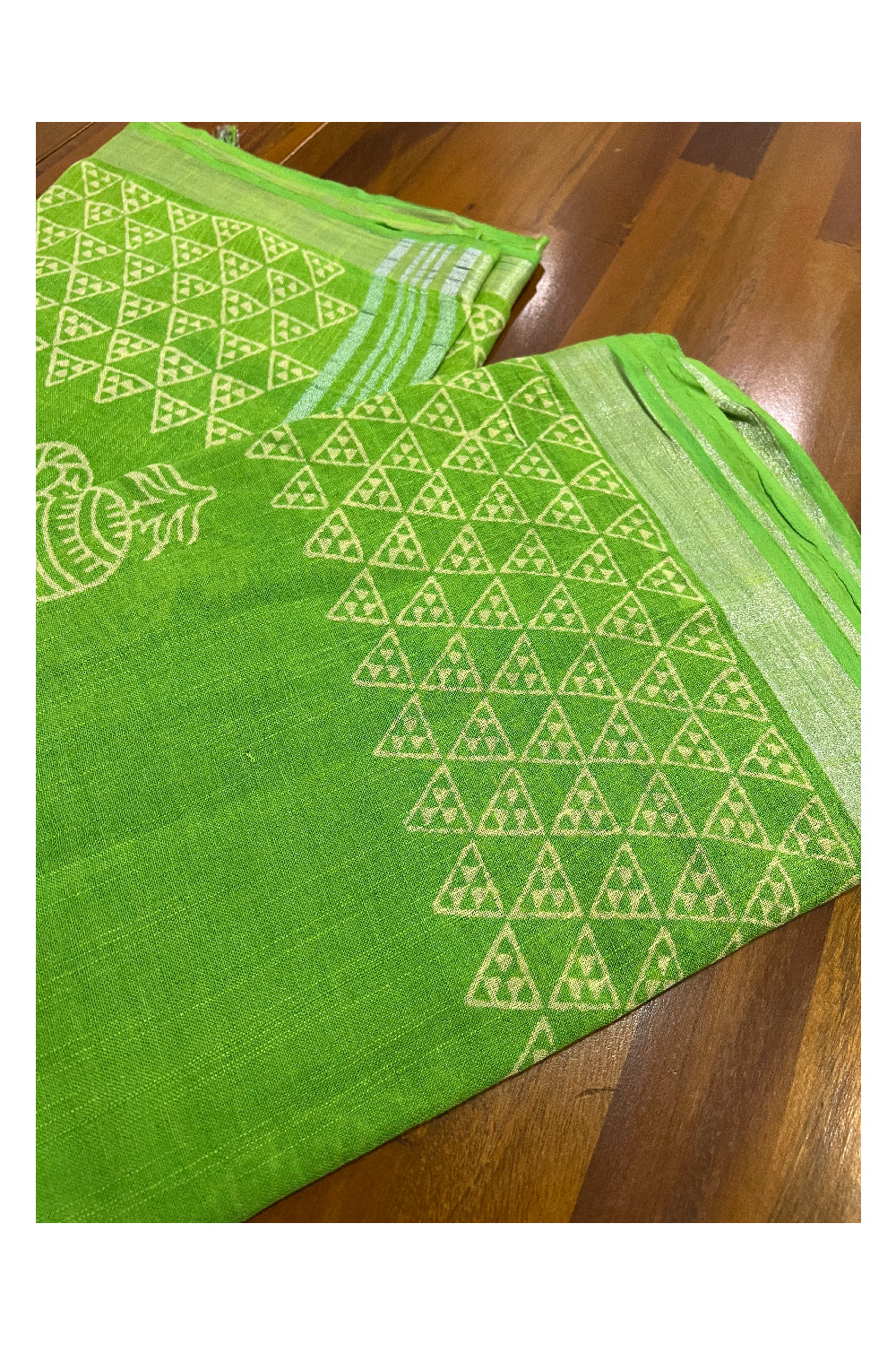 Southloom Linen Light Green Designer Saree with White Prints and Tassels on Pallu