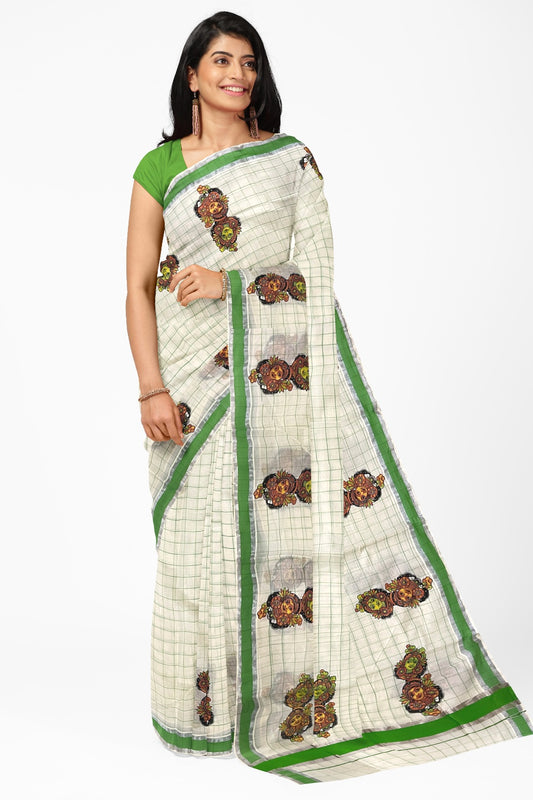 Pure Cotton Green Check Design Kerala Saree with Krishna Radha Mural Prints and Silver Border
