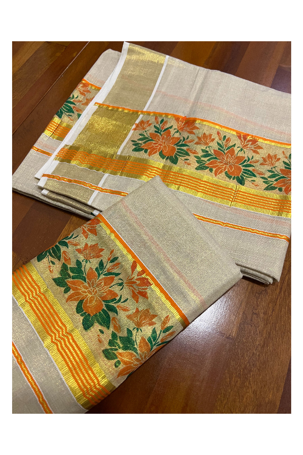 Kerala Tissue Kasavu Set Mundu (Mundum Neriyathum) with Orange Green Floral Block Prints on Border 2.80 Mtrs