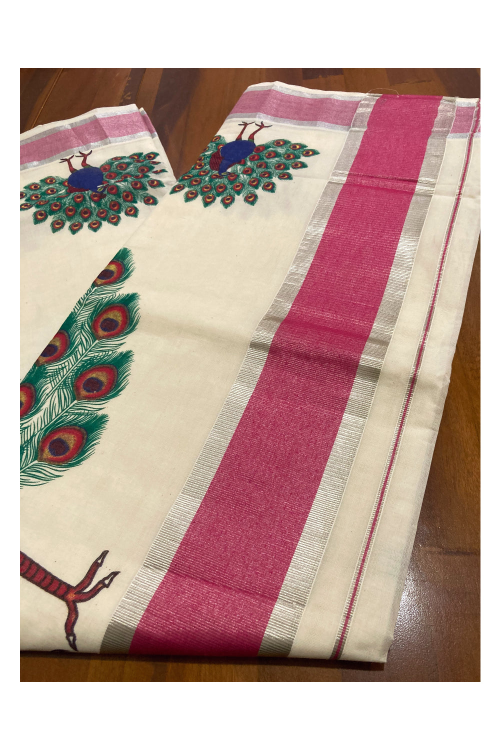 Pure Cotton Kerala Saree with Peacock Mural Prints and Silver Pink Border