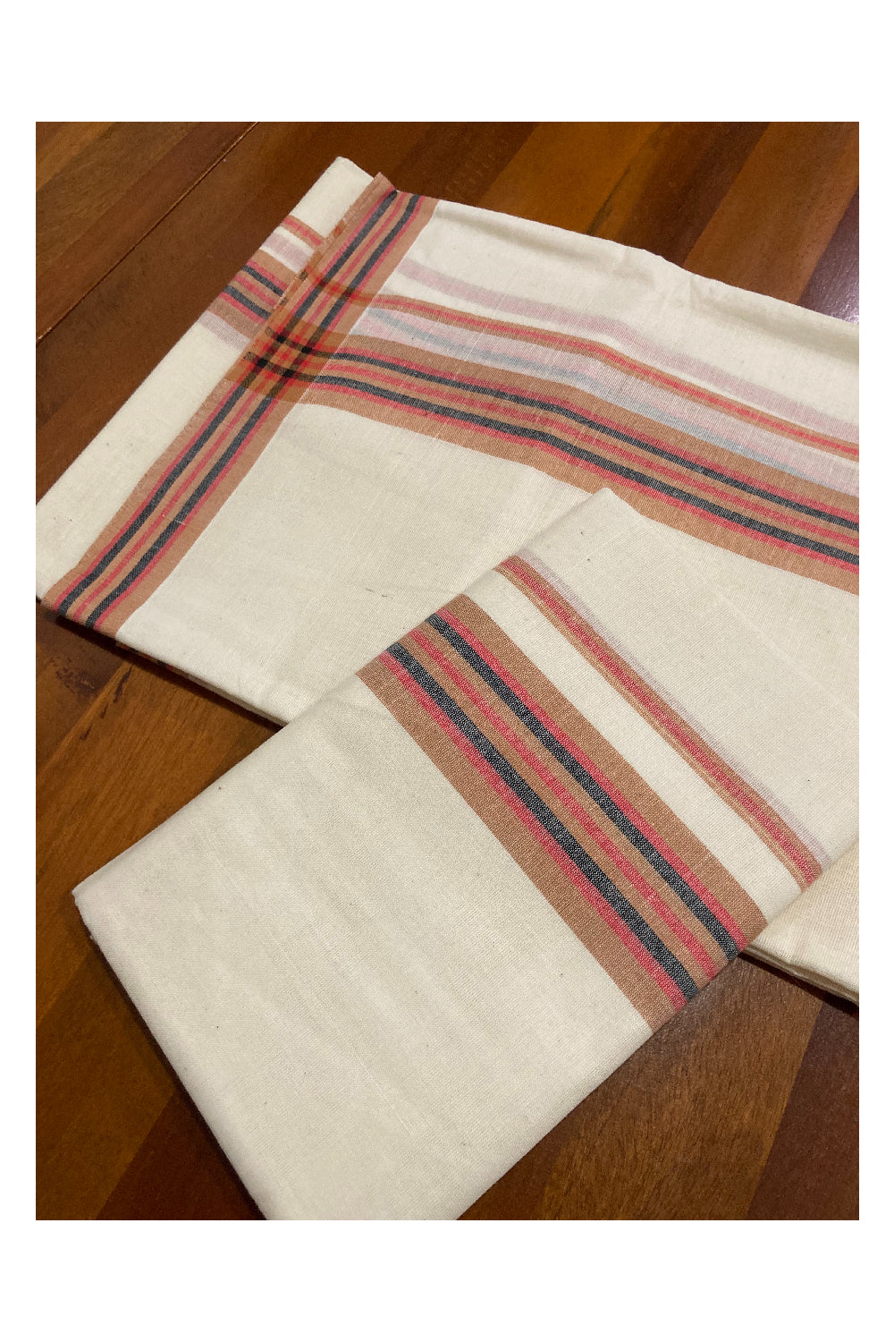 Kerala Cotton Mundum Neriyathum Single (Set Mundu) with Orange and Red Mulloth Border (Extra Soft Cotton)