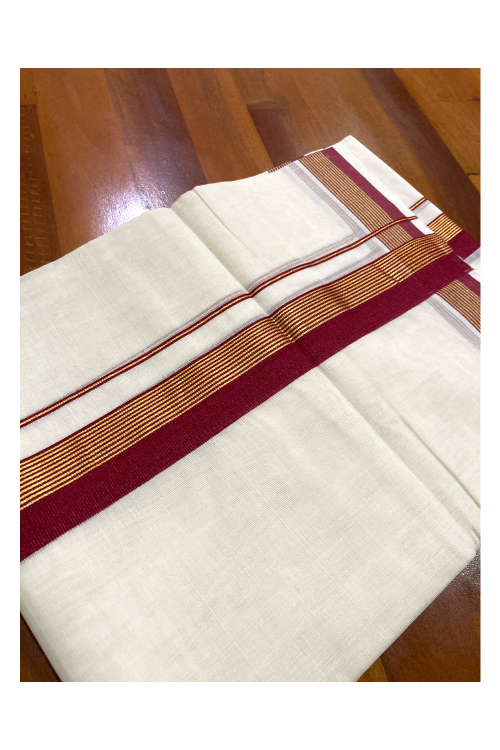 Southloom Premium Handloom Pure Cotton Mundu with Dark Red and Kasavu Border (South Indian Dhoti)