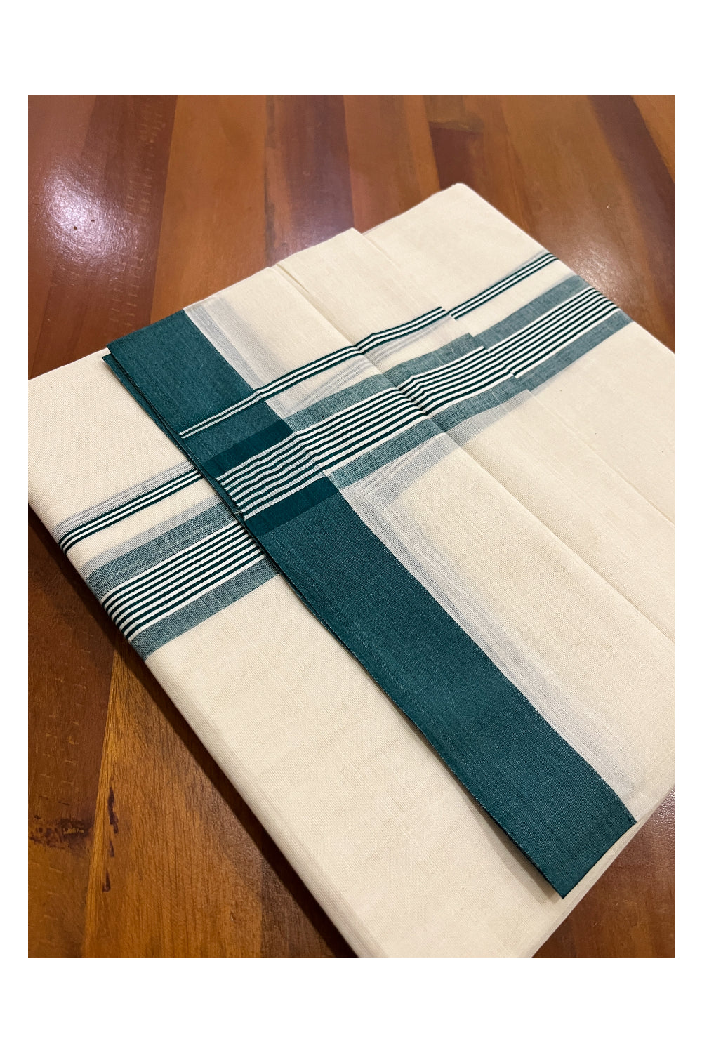 Pure Cotton Off White Double Mundu with Green Kara (South Indian Dhoti)