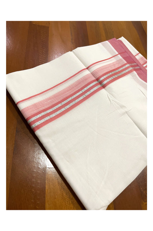 Pure White Cotton Double Mundu with Silver Kasavu and Baby Pink Border (South Indian Dhoti)