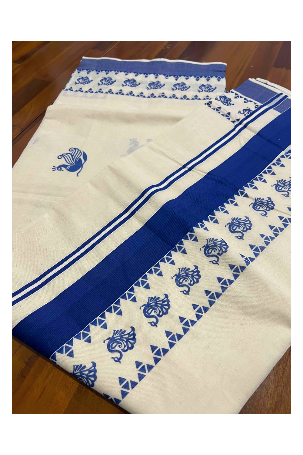 Pure Cotton Kerala Saree with Blue Peacock Block Printed Border