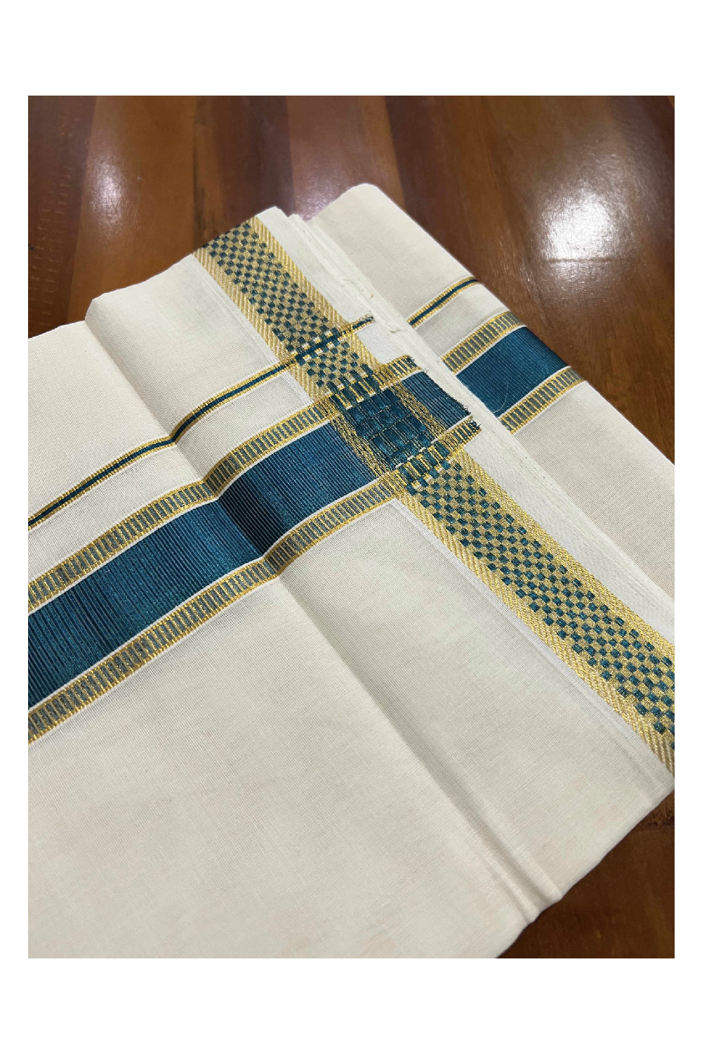 Southloom Kuthampully Handloom Pure Cotton Mundu with Golden and Teal Green Kasavu Border (South Indian Dhoti)