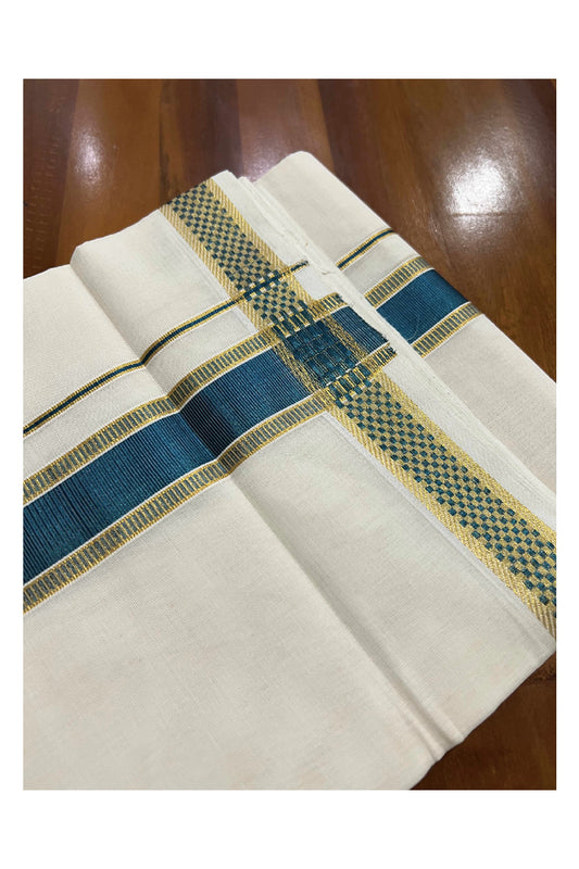 Southloom Kuthampully Handloom Pure Cotton Mundu with Golden and Teal Green Kasavu Border (South Indian Dhoti)