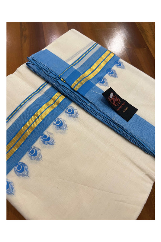 Southloom Balaramapuram Handloom Mundu with Blue and Kasavu Printed Border