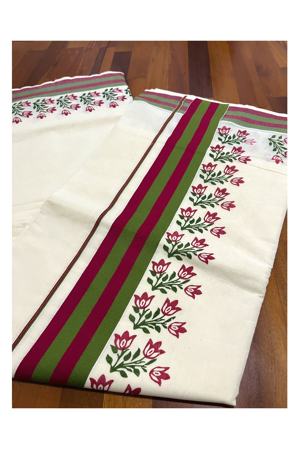 Pure Cotton Kerala Saree with Floral Block Prints and Maroon Green Border