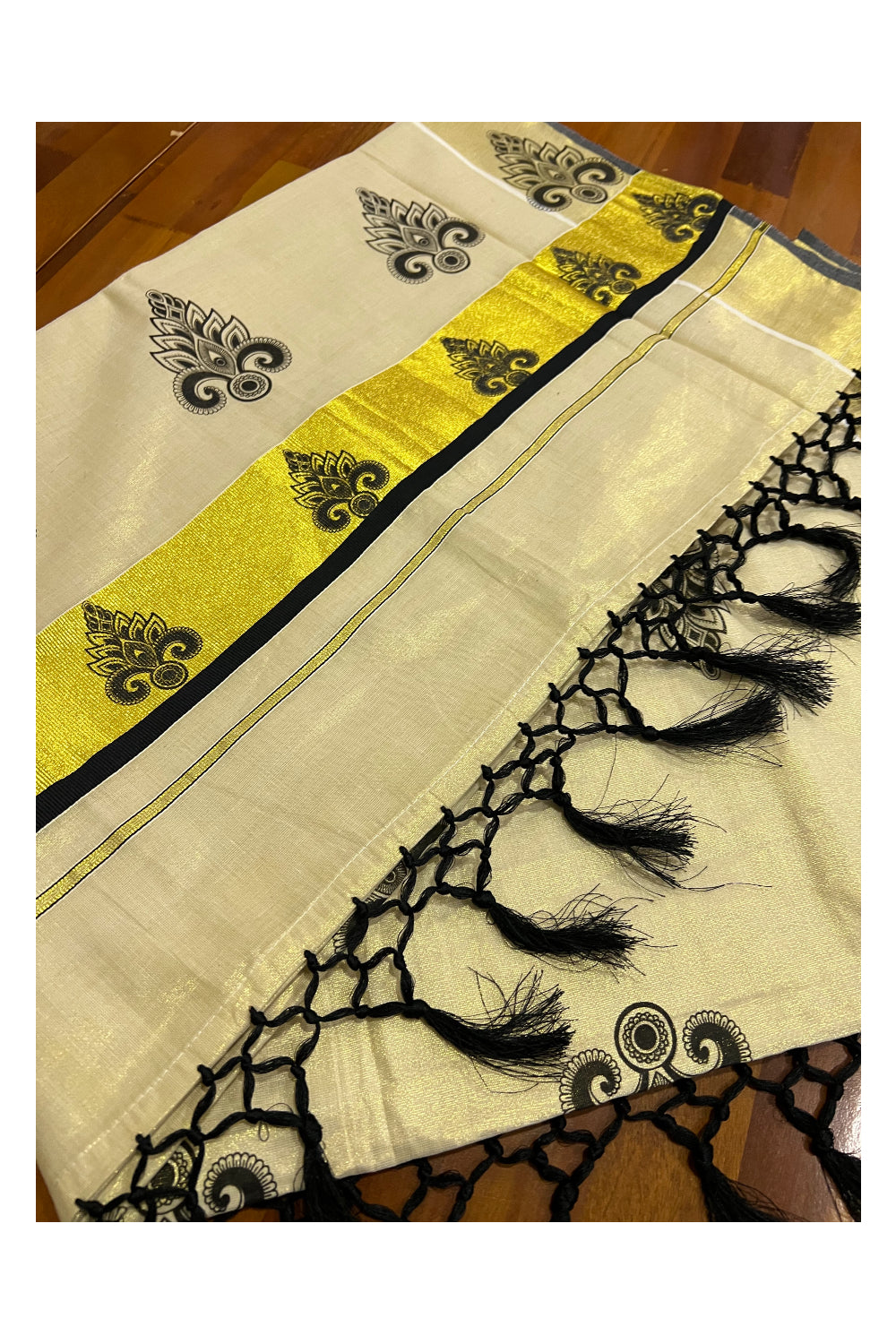 Kerala Tissue Kasavu Saree with Black Block Printed Design and Tassels Work on Pallu