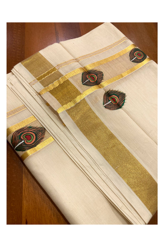 Off White Pure Cotton Double Mundu with Mural Prints on Kasavu Kara (South Indian Dhoti)