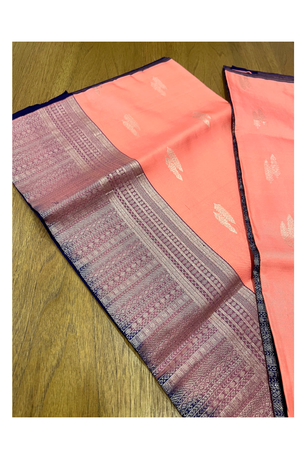 Southloom Handloom Pure Silk Kanchipuram Saree with Peach Body and Navy Blue Blouse Piece