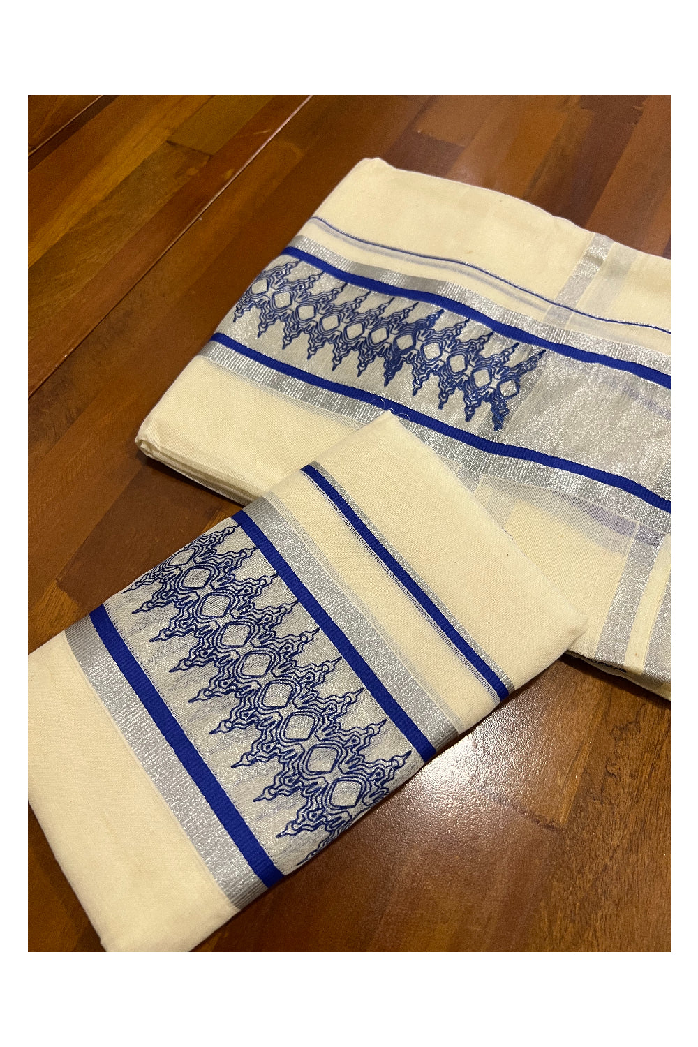 Cotton Silver Kasavu Set Mundu (Mundum Neriyathum) with Blue Block Prints on Border