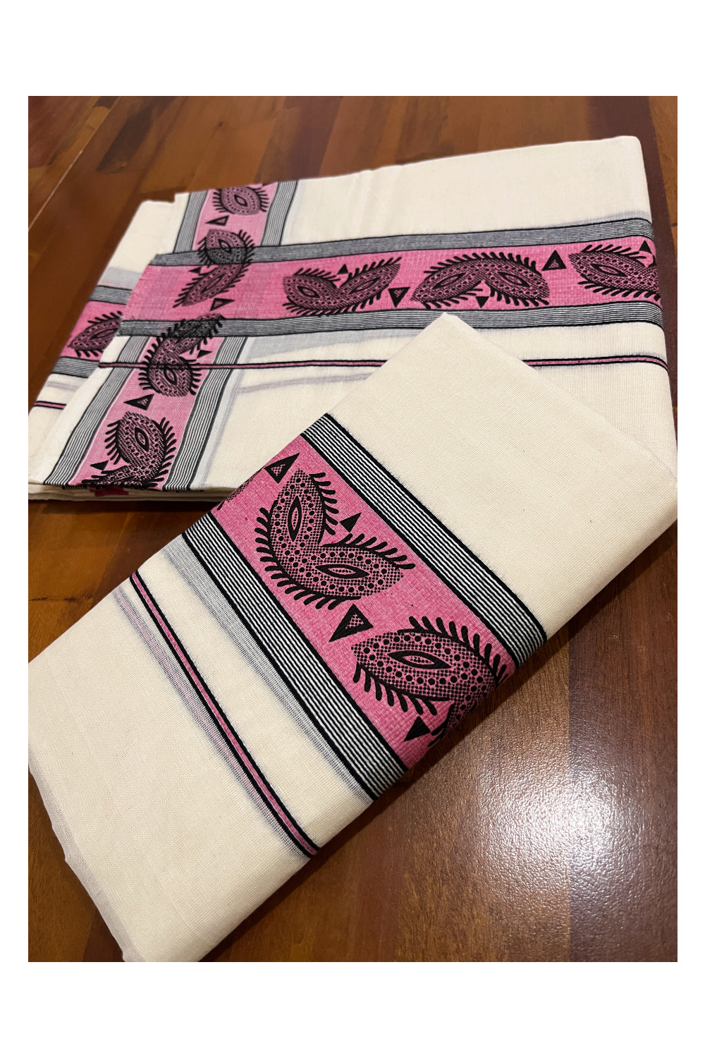 Pure Cotton Single Set Mundu (Mundum Neriyathum Vishu 2023) with Black Block Prints on Pink Border