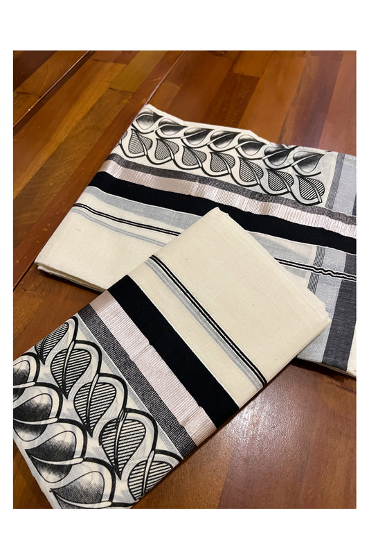Kerala Cotton Silver Kasavu Set Mundu (Mundum Neriyathum) with Black Block Prints on Border