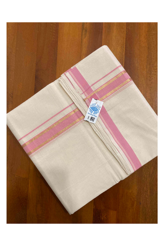 Southloom Handloom Premium Double Dhoti with Pink and Kasavu Border