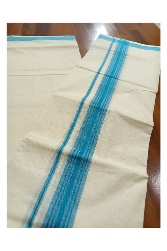 Off White Kerala Double Mundu with Light Blue Lines Border (South Indian Dhoti)