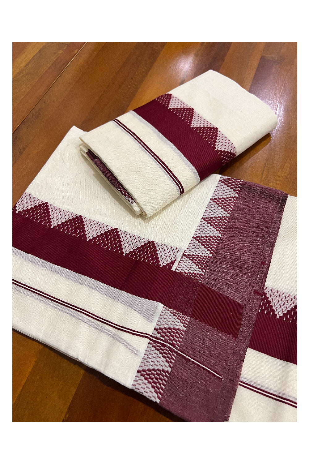 Kerala Cotton Mundum Neriyathum Single (Set Mundu) with Maroon Temple Woven Border