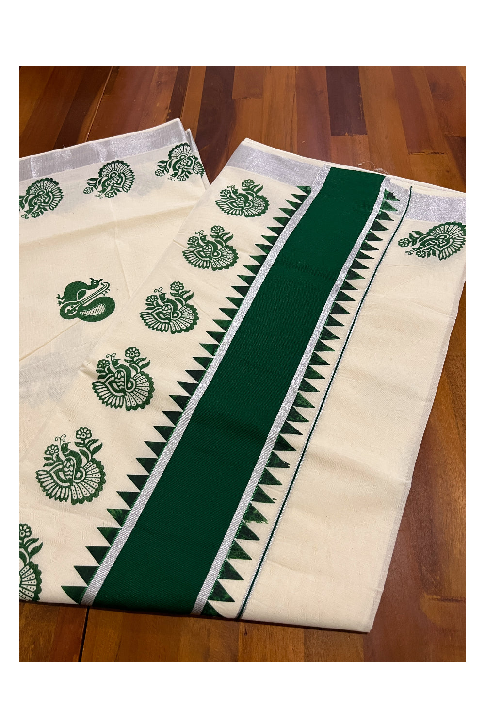 Pure Cotton Kerala Saree with Green Peacock Block Prints and Silver Kasavu Temple Border (Vishu Saree 2023)