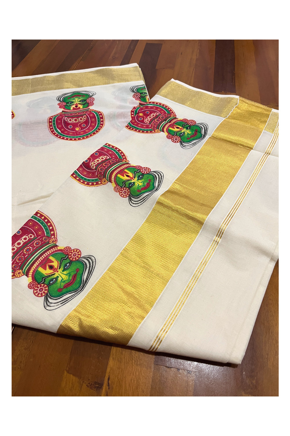 Pure Cotton Kerala Kasavu Saree with Mural Printed Kathakali Design