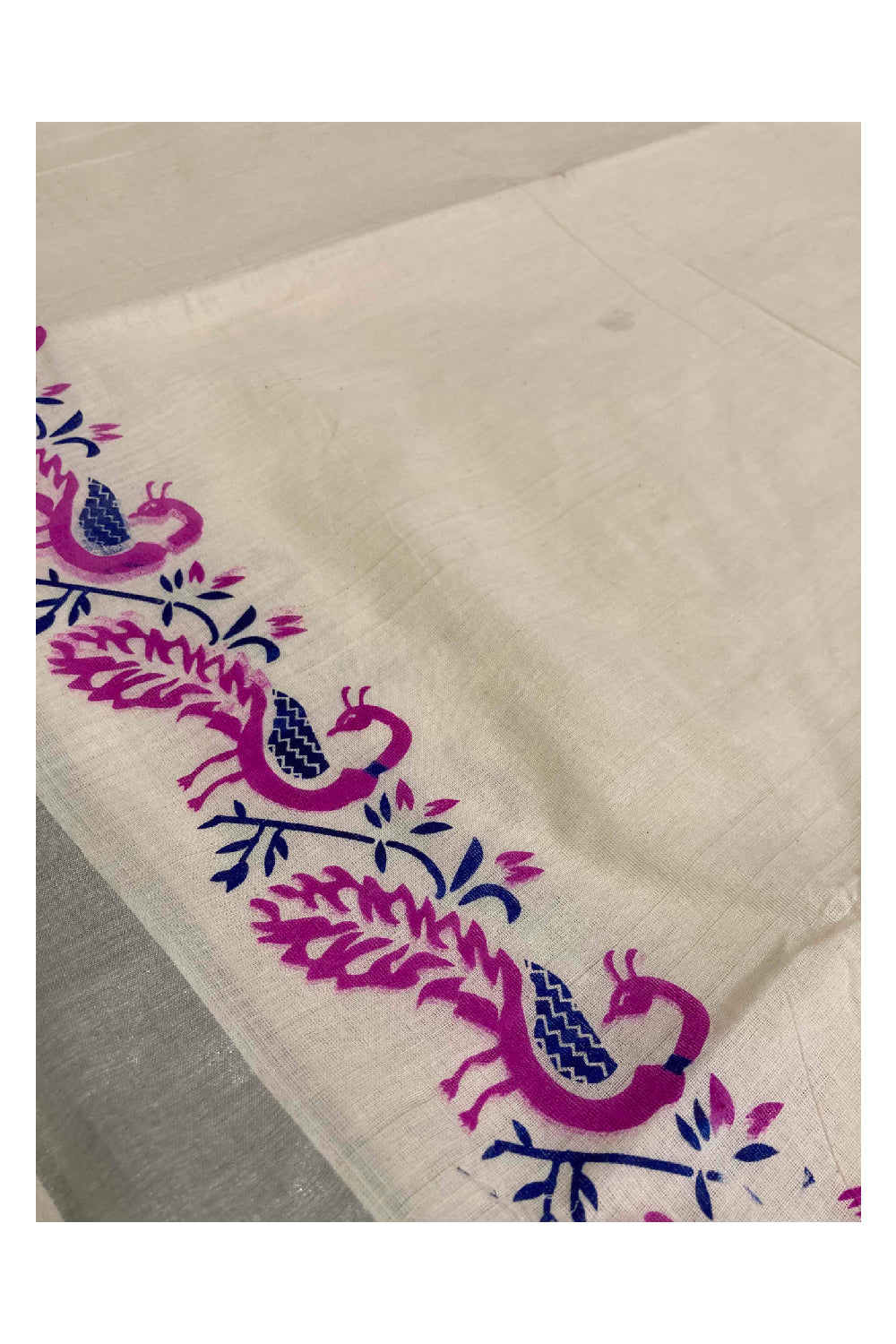 Kerala Pure Cotton Silver Kasavu Saree with Peacock Magenta Block Printed Border