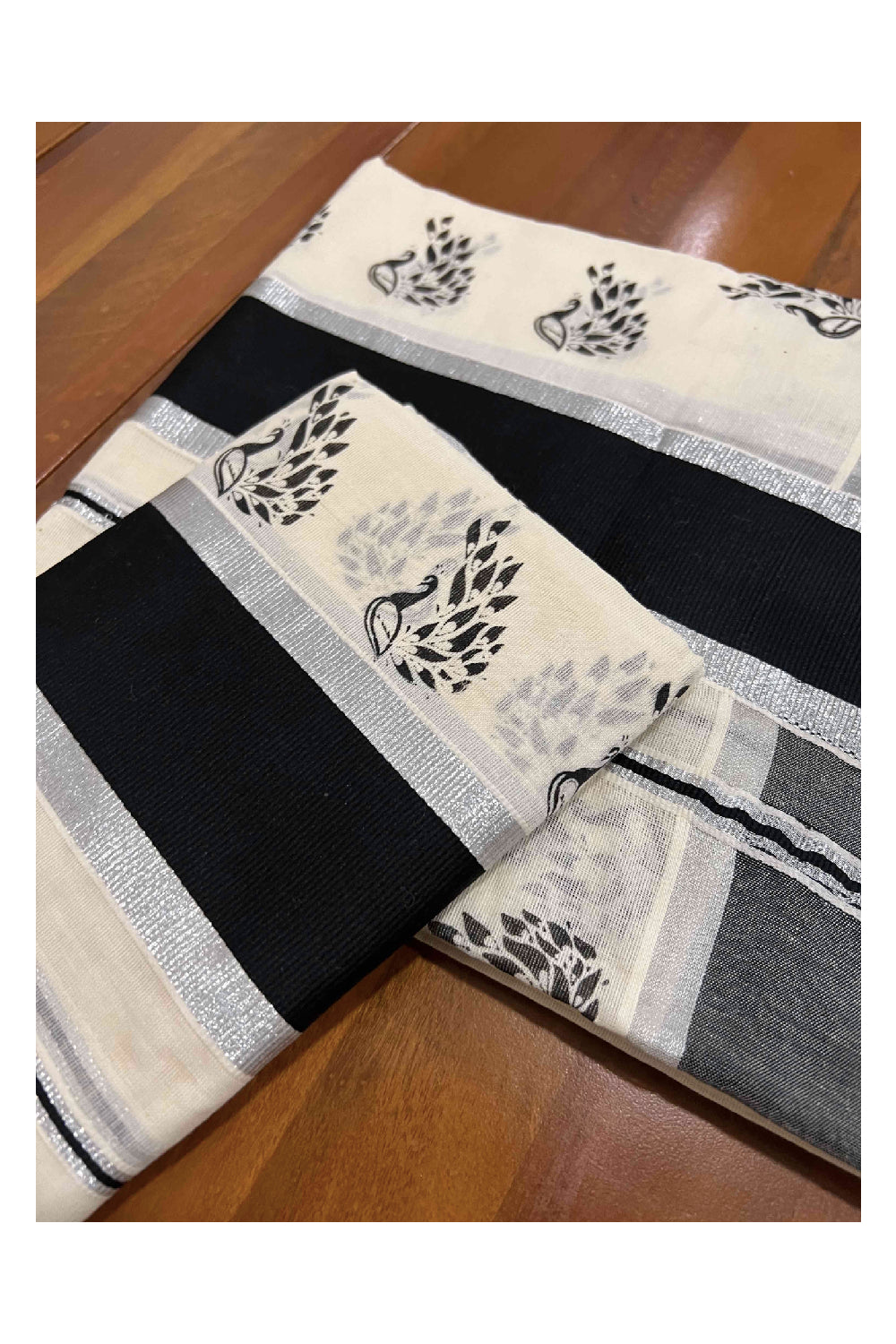 Kerala Cotton Set Mundu (Mundum Neriyathum) with Silver and Black Block Printed Border