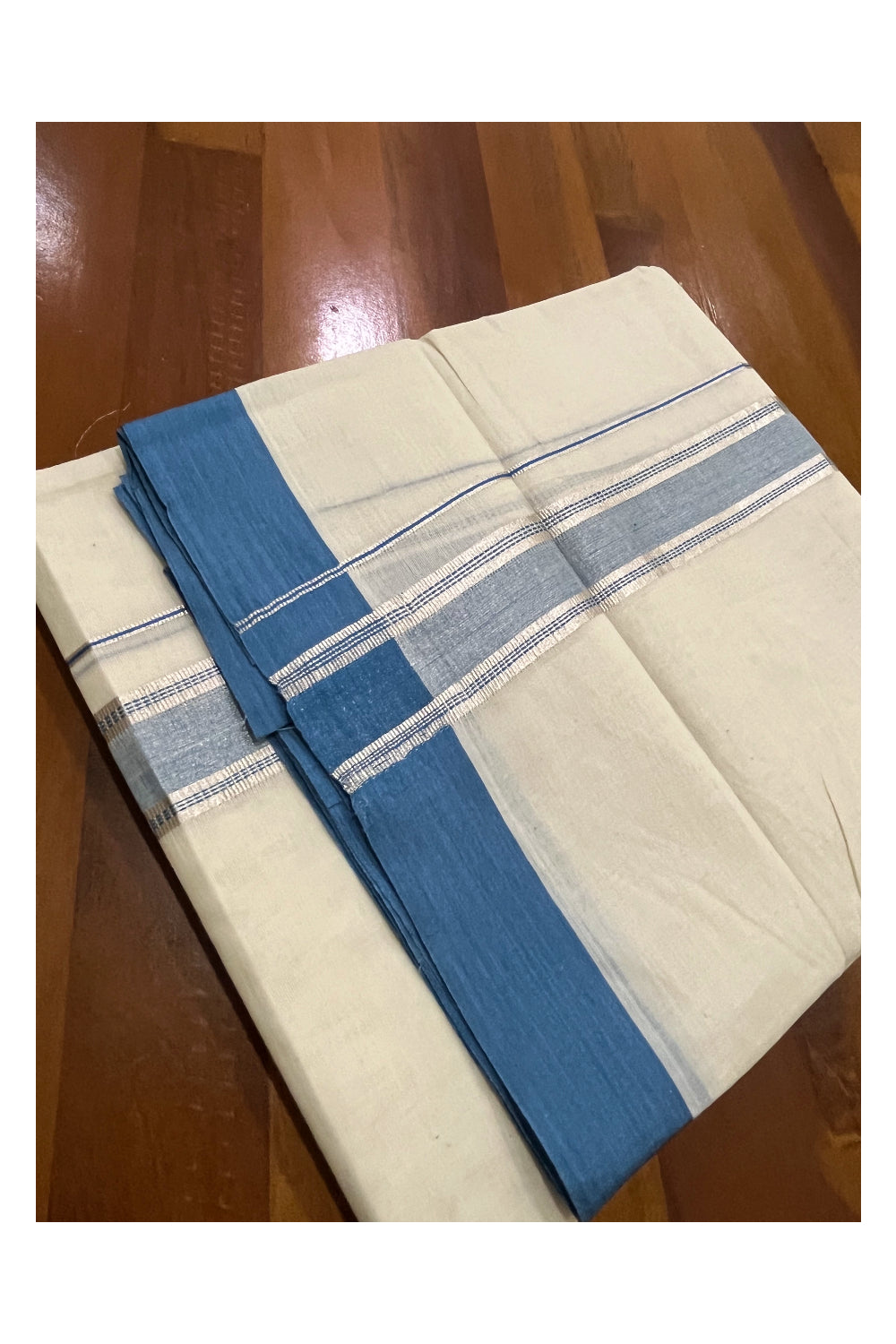 Pure Cotton Off White Double Mundu with Silver Kasavu and Blue Border (South Indian Dhoti)