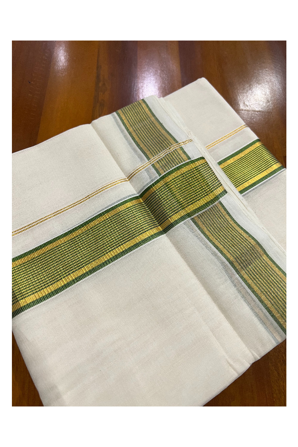 Southloom Kuthampully Handloom Pure Cotton Mundu with Golden and Light Green Kasavu Border (South Indian Dhoti)