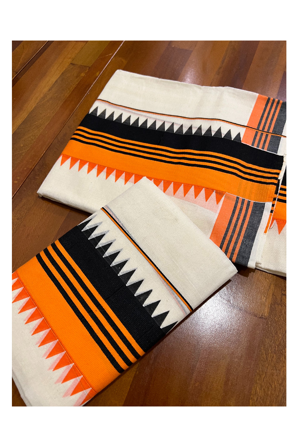 Pure Cotton Set Mundu (Mundum Neriyathum) with Orange and Black Temple Block Prints on Border