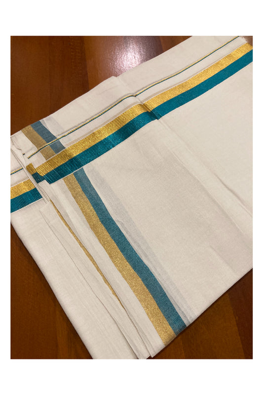 Southloom Premium Handloom Cotton Pure White Mundu with Golden and Teal Blue Kasavu Border (South Indian Dhoti)