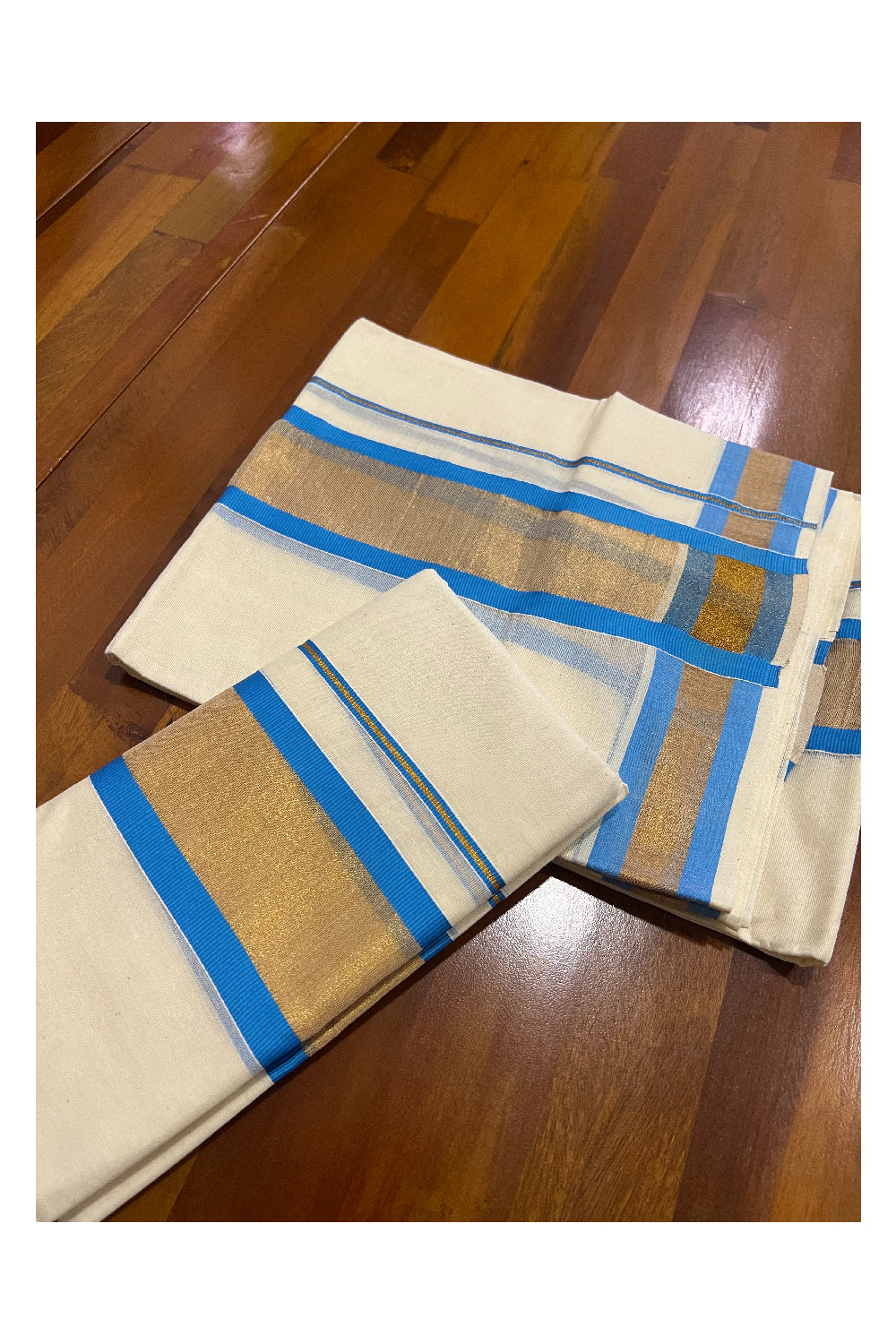 Kerala Cotton Set Mundu (Mundum Neriyathum) with Kasavu and Light Blue Border