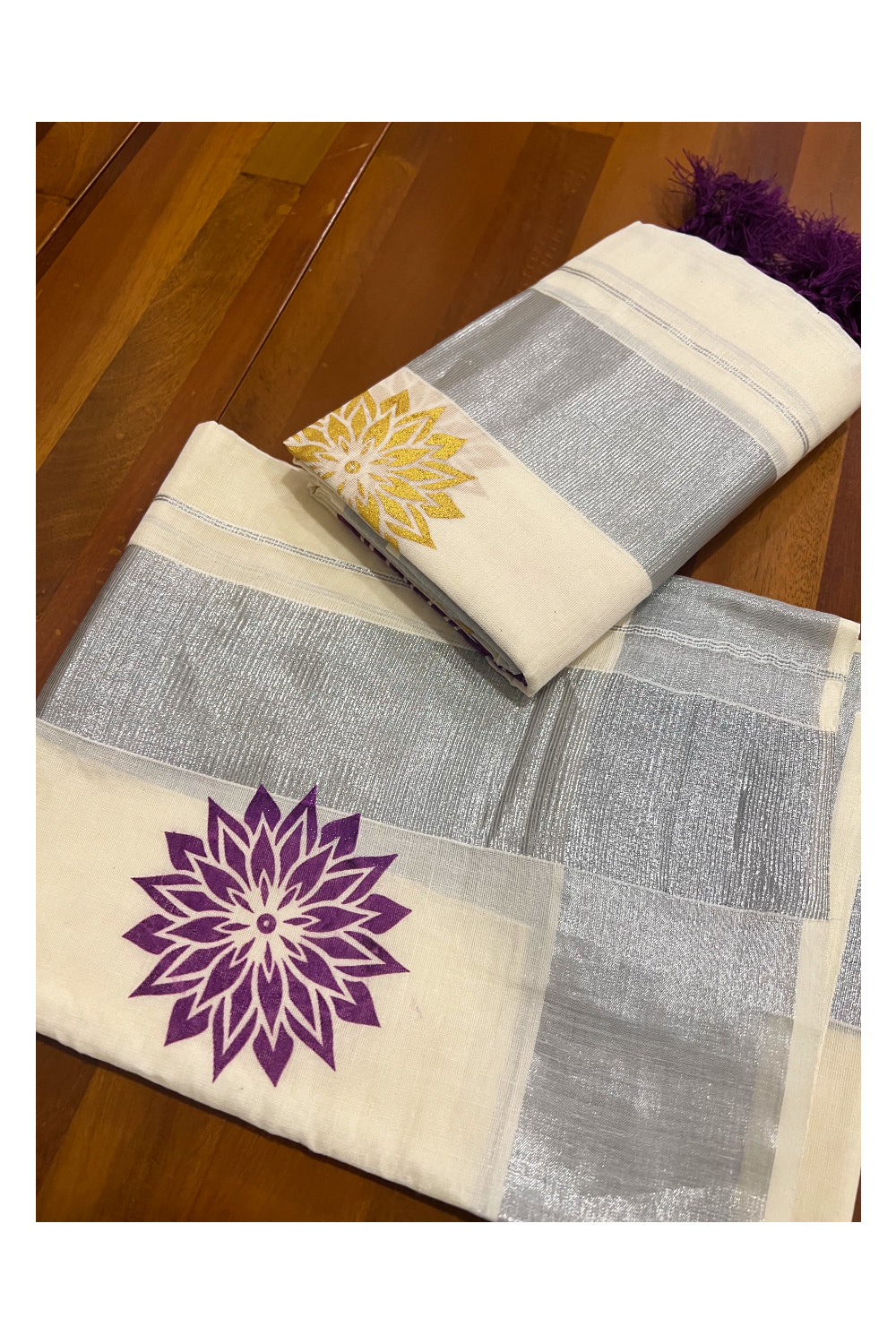 Kerala Cotton Mundum Neriyathum Single (Set Mundu) with Purple and Golden Floral Block Prints