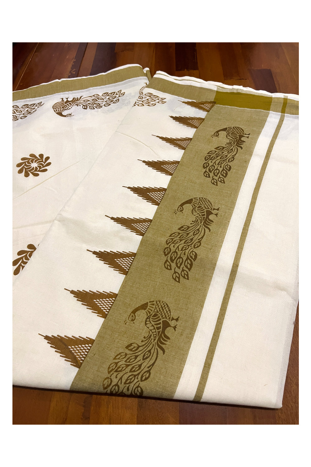 Pure Cotton Kerala Saree with Olive Green Peacock Temple Block Printed Border (Onam Saree 2023)