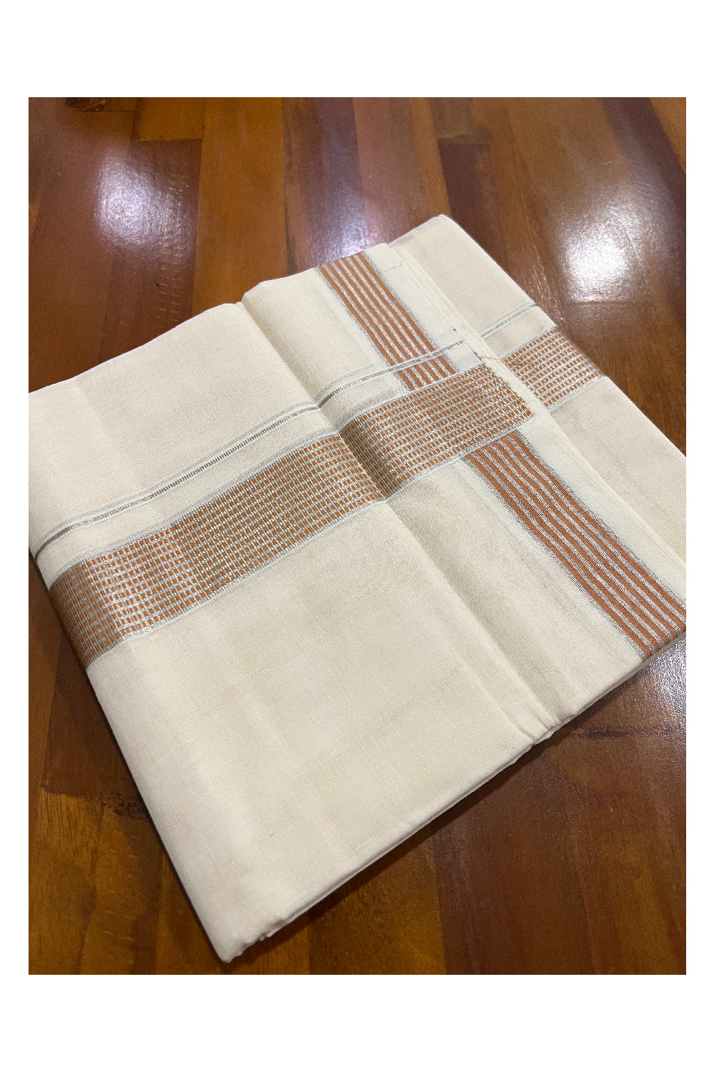 Southloom Kuthampully Handloom Pure Cotton Mundu with Silver Kasavu and Orange Border (South Indian Dhoti)