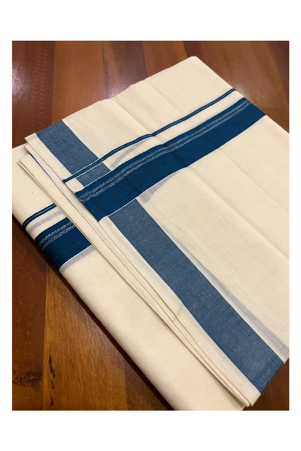 Pure Cotton Double Mundu with Blue Kara (South Indian Dhoti)