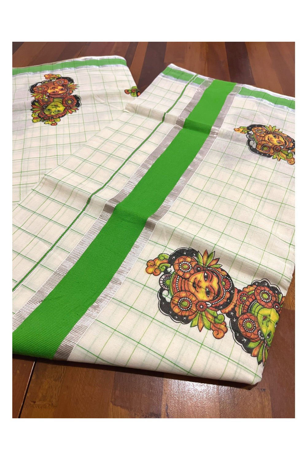 Pure Cotton Green Check Design Kerala Saree with Krishna Radha Mural Prints and Silver Border