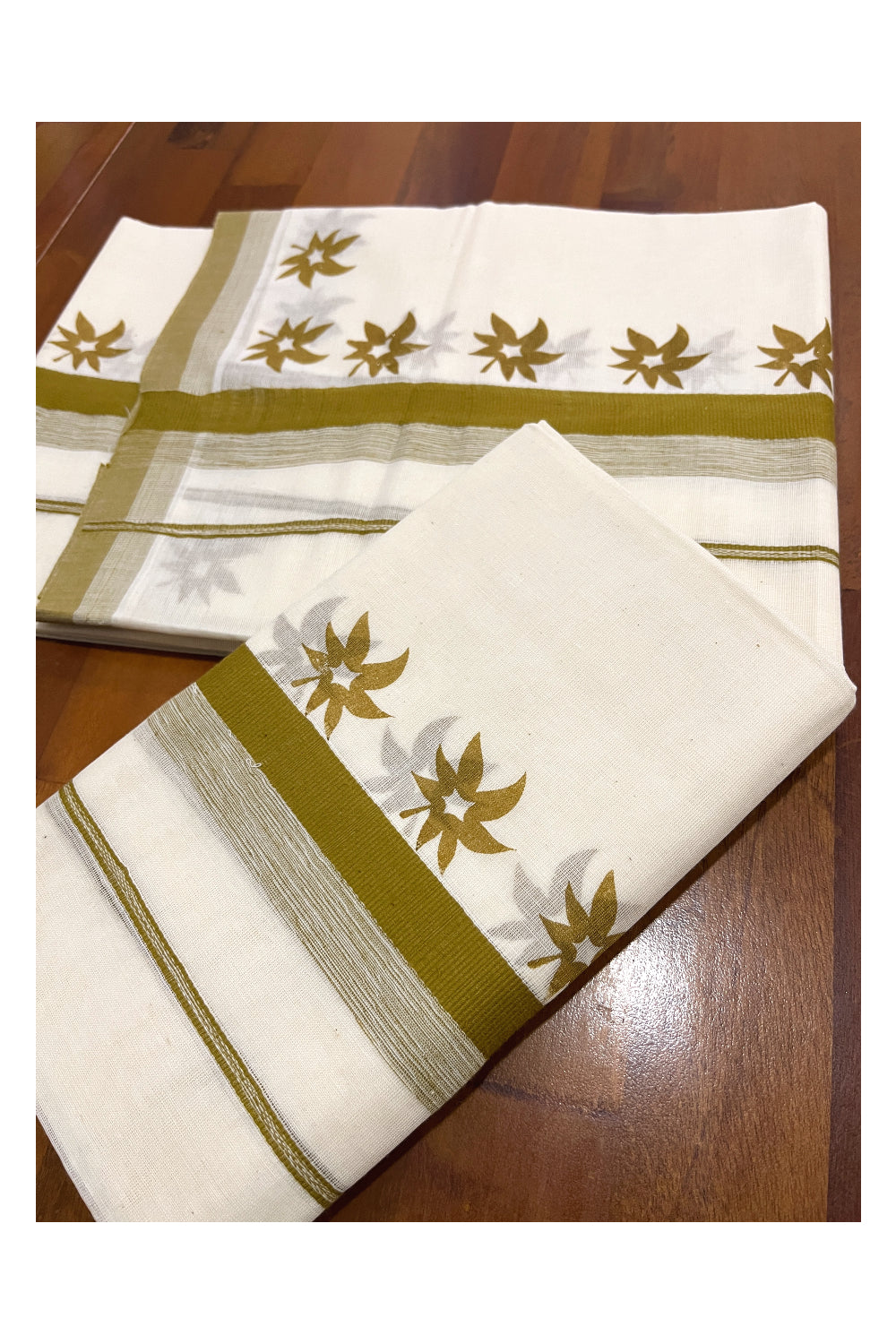 Kerala Cotton Single Set Mundu (Mundum Neriyathum) with Brown Floral Block Prints on Border